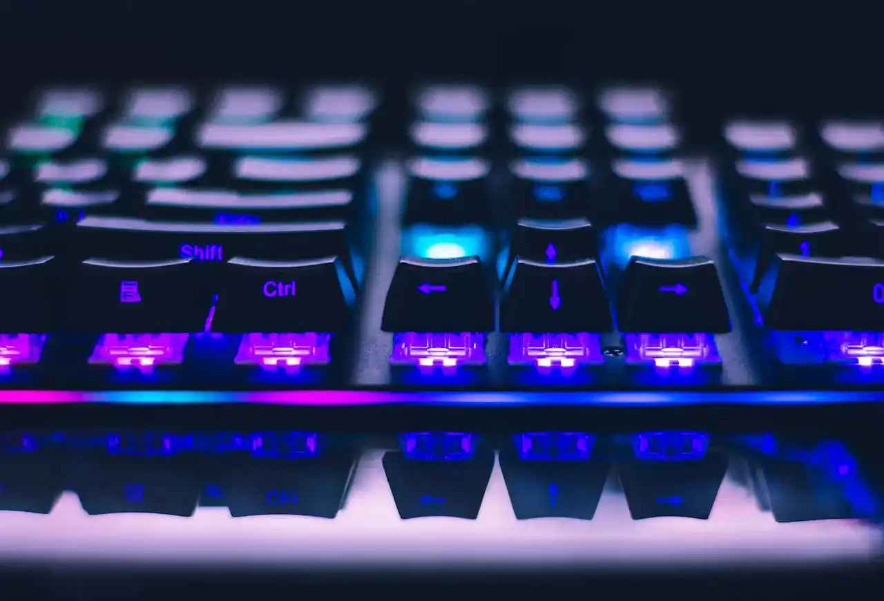 Full-Size Office Keyboard for Windows viewed from below, showing QWERTY layout and numeric keypad on a black matte design, perfect for office productivity.