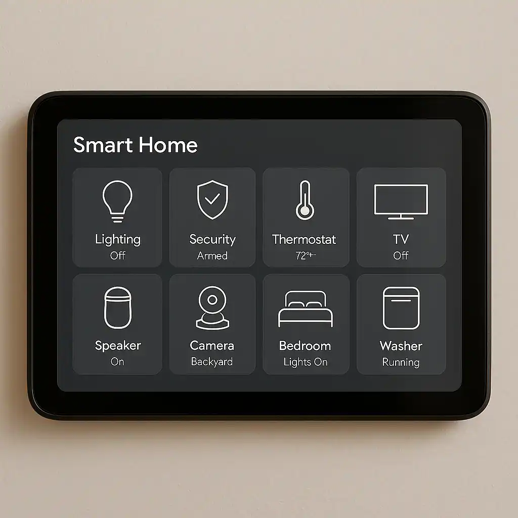 Modern home automation near me dashboard interface showing multiple connected devices like lights, cameras, and thermostat controls.